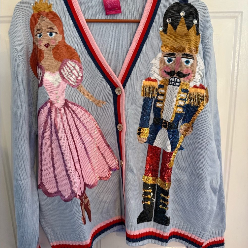 QUEEN OF SPARKLES Blue Cardigan with Pink and Gold Accents